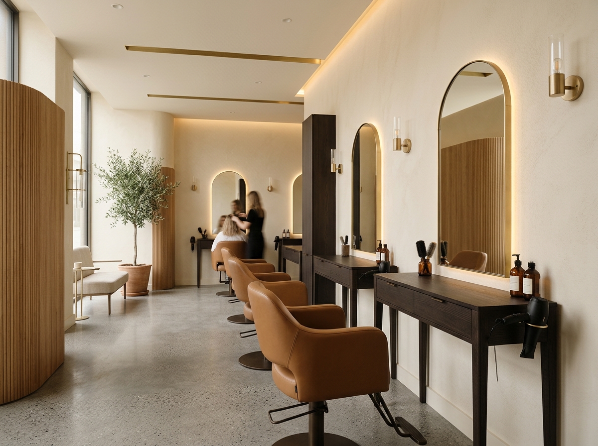 Interior view of House of Hair salon with arched brass mirrors and warm lighting